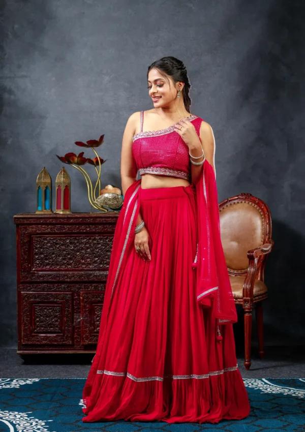 Crop Top Lehenga - Red - Image 4